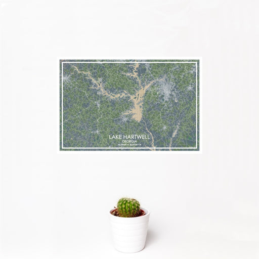 12x18 Lake Hartwell Georgia Map Print Landscape Orientation in Afternoon Style With Small Cactus Plant in White Planter