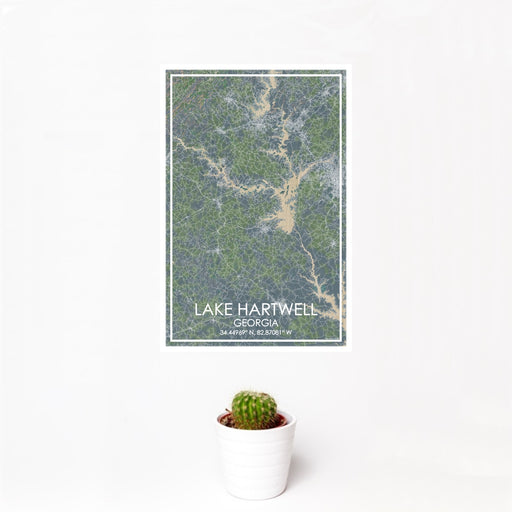 12x18 Lake Hartwell Georgia Map Print Portrait Orientation in Afternoon Style With Small Cactus Plant in White Planter