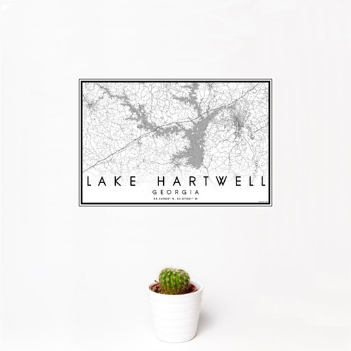 12x18 Lake Hartwell Georgia Map Print Landscape Orientation in Classic Style With Small Cactus Plant in White Planter