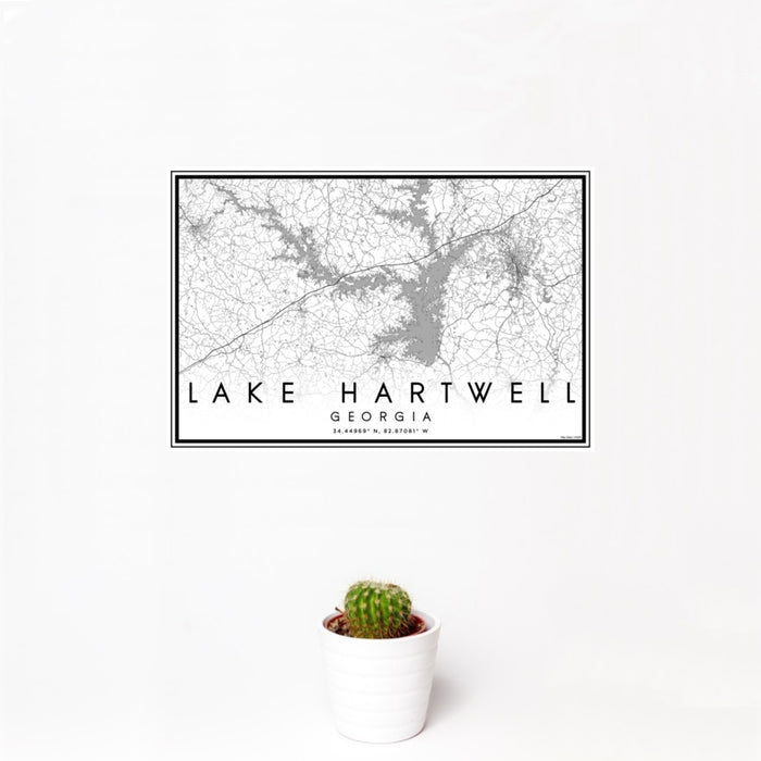 12x18 Lake Hartwell Georgia Map Print Landscape Orientation in Classic Style With Small Cactus Plant in White Planter