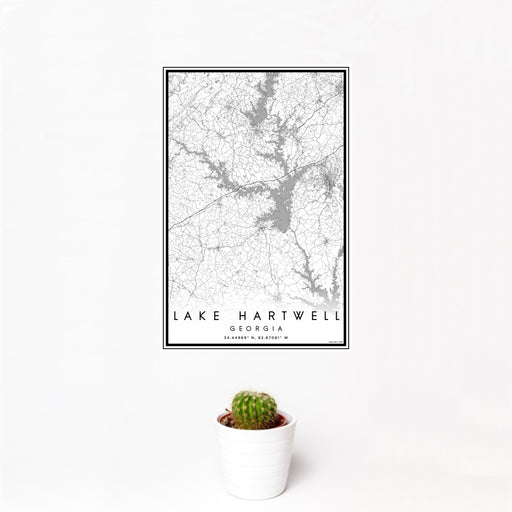 12x18 Lake Hartwell Georgia Map Print Portrait Orientation in Classic Style With Small Cactus Plant in White Planter