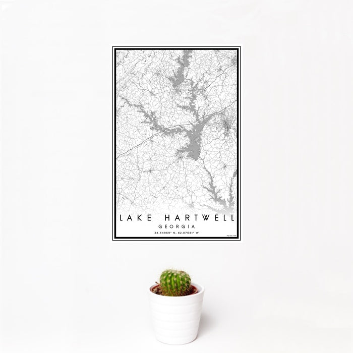 12x18 Lake Hartwell Georgia Map Print Portrait Orientation in Classic Style With Small Cactus Plant in White Planter