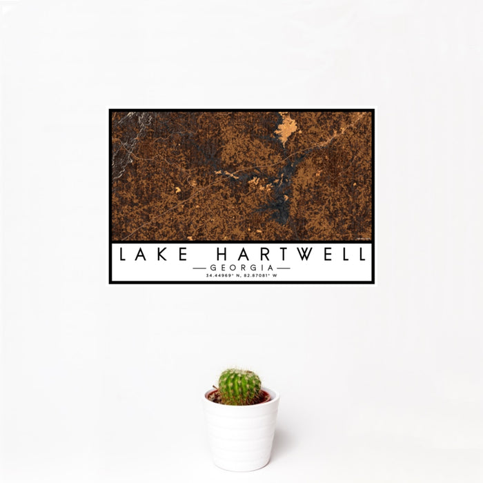 12x18 Lake Hartwell Georgia Map Print Landscape Orientation in Ember Style With Small Cactus Plant in White Planter