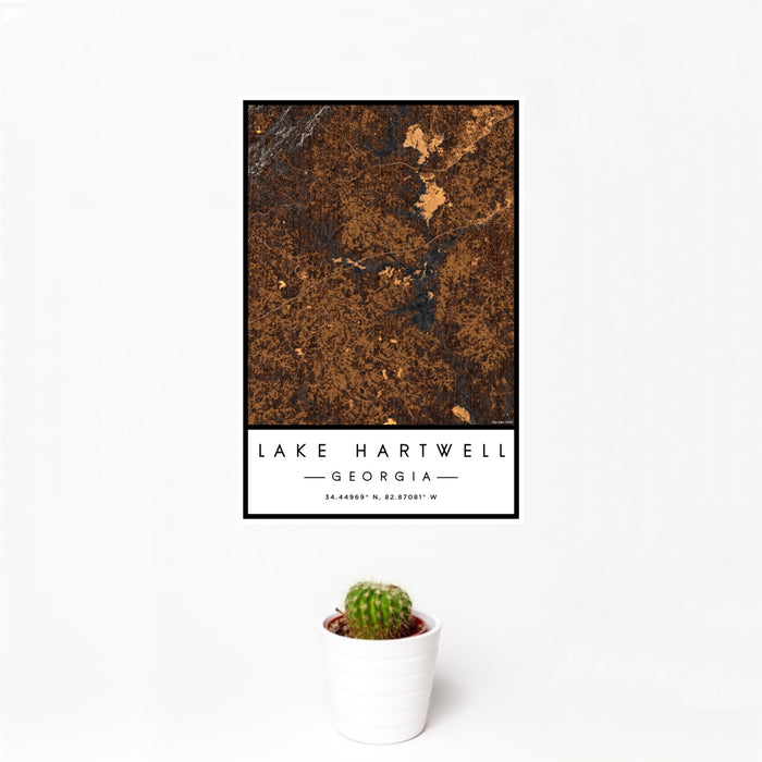 12x18 Lake Hartwell Georgia Map Print Portrait Orientation in Ember Style With Small Cactus Plant in White Planter