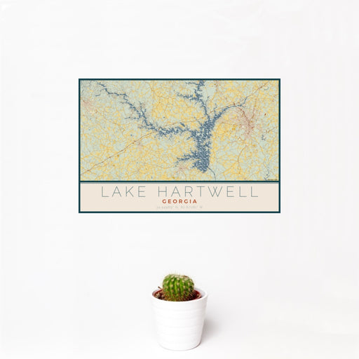 12x18 Lake Hartwell Georgia Map Print Landscape Orientation in Woodblock Style With Small Cactus Plant in White Planter