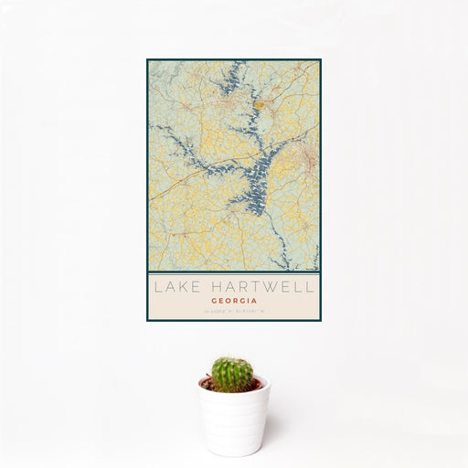 12x18 Lake Hartwell Georgia Map Print Portrait Orientation in Woodblock Style With Small Cactus Plant in White Planter