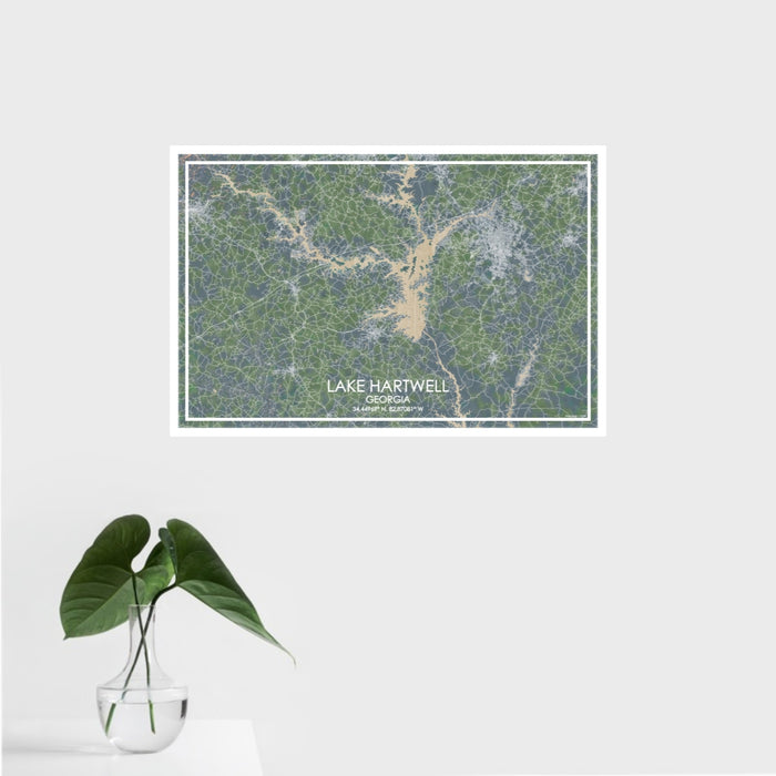 16x24 Lake Hartwell Georgia Map Print Landscape Orientation in Afternoon Style With Tropical Plant Leaves in Water