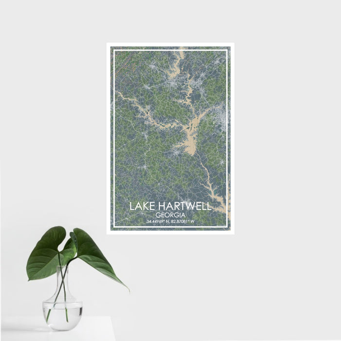 16x24 Lake Hartwell Georgia Map Print Portrait Orientation in Afternoon Style With Tropical Plant Leaves in Water