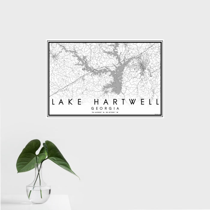 16x24 Lake Hartwell Georgia Map Print Landscape Orientation in Classic Style With Tropical Plant Leaves in Water