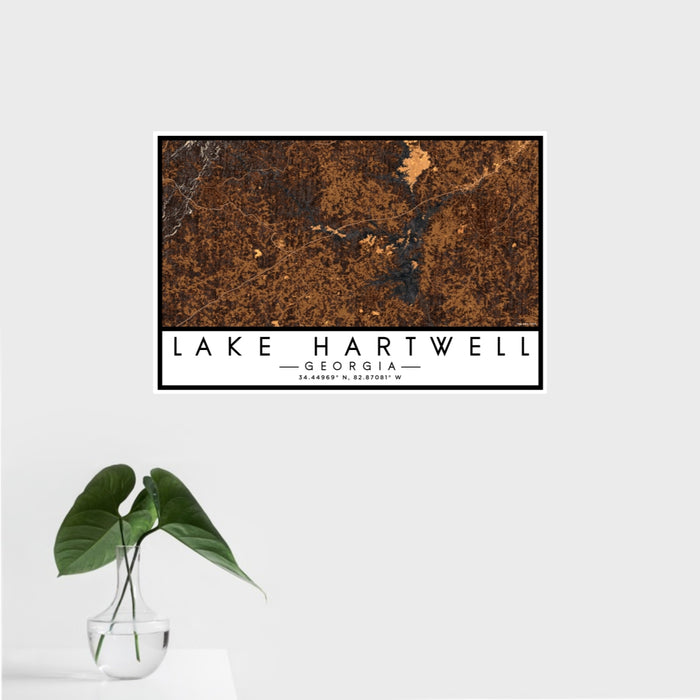 16x24 Lake Hartwell Georgia Map Print Landscape Orientation in Ember Style With Tropical Plant Leaves in Water