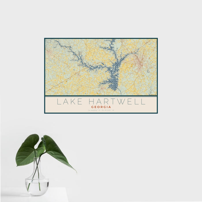 16x24 Lake Hartwell Georgia Map Print Landscape Orientation in Woodblock Style With Tropical Plant Leaves in Water