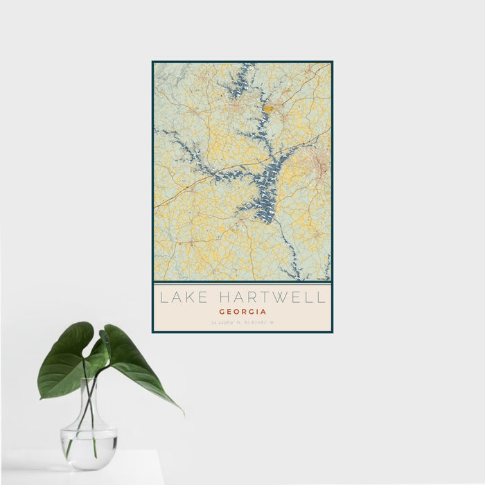 16x24 Lake Hartwell Georgia Map Print Portrait Orientation in Woodblock Style With Tropical Plant Leaves in Water