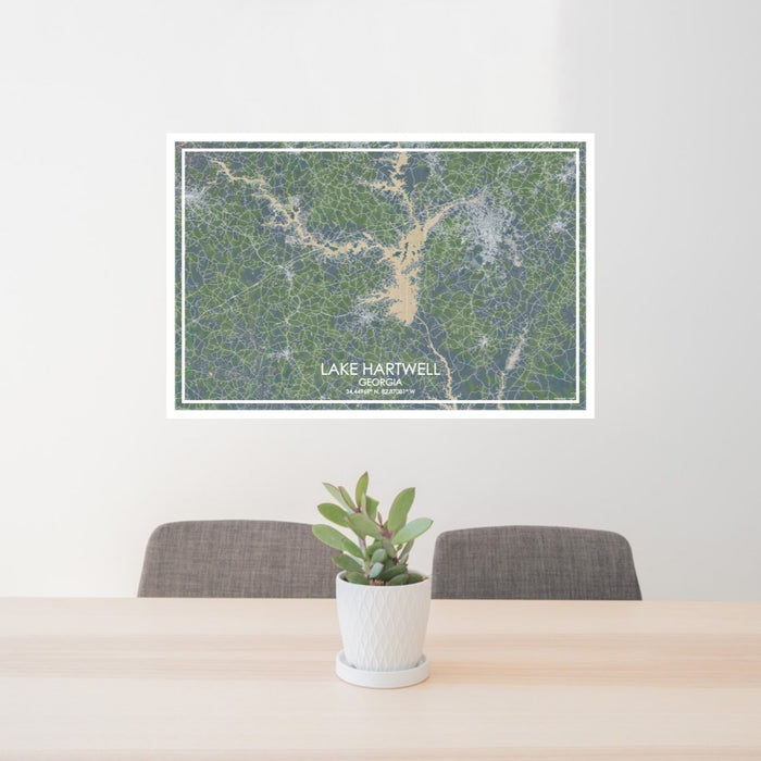 24x36 Lake Hartwell Georgia Map Print Lanscape Orientation in Afternoon Style Behind 2 Chairs Table and Potted Plant