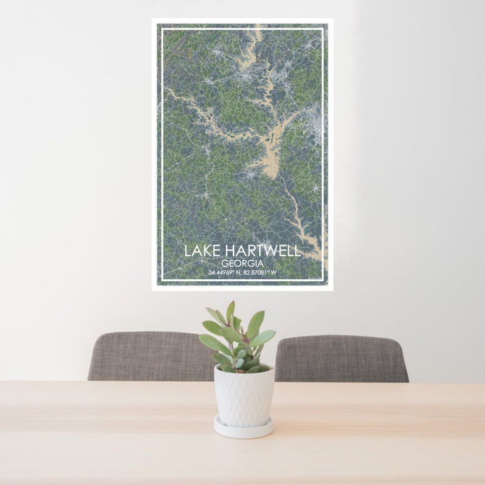 24x36 Lake Hartwell Georgia Map Print Portrait Orientation in Afternoon Style Behind 2 Chairs Table and Potted Plant