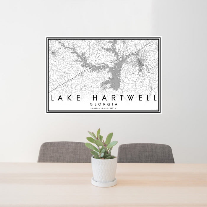 24x36 Lake Hartwell Georgia Map Print Lanscape Orientation in Classic Style Behind 2 Chairs Table and Potted Plant