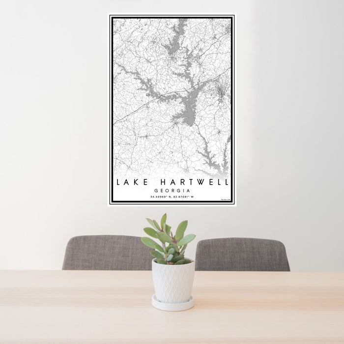 24x36 Lake Hartwell Georgia Map Print Portrait Orientation in Classic Style Behind 2 Chairs Table and Potted Plant