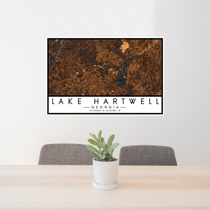 24x36 Lake Hartwell Georgia Map Print Lanscape Orientation in Ember Style Behind 2 Chairs Table and Potted Plant