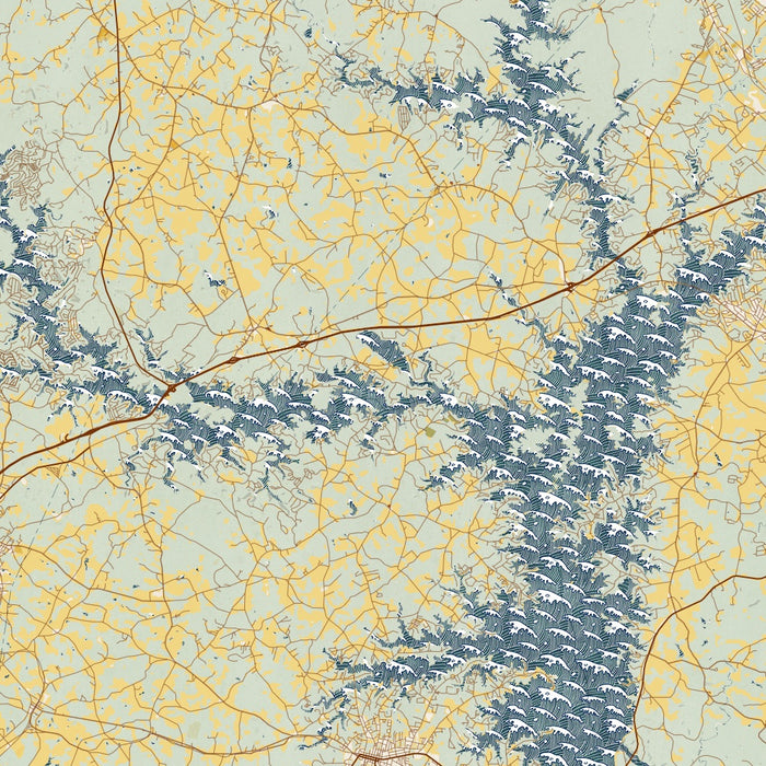 Lake Hartwell Georgia Map Print in Woodblock Style Zoomed In Close Up Showing Details