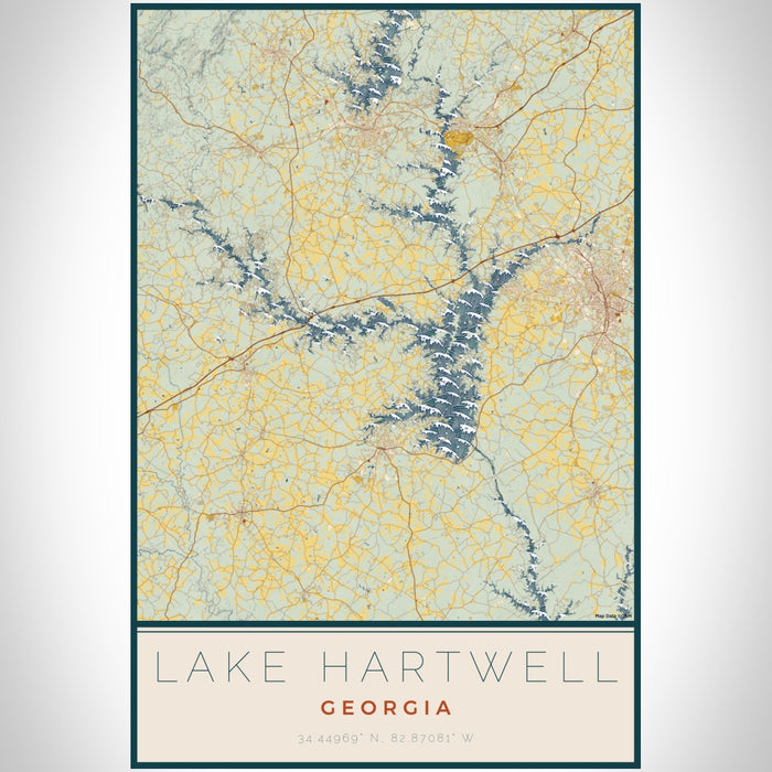 Lake Hartwell Georgia Map Print Portrait Orientation in Woodblock Style With Shaded Background