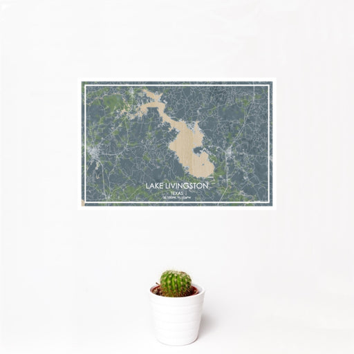 12x18 Lake Livingston Texas Map Print Landscape Orientation in Afternoon Style With Small Cactus Plant in White Planter