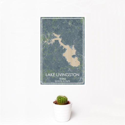 12x18 Lake Livingston Texas Map Print Portrait Orientation in Afternoon Style With Small Cactus Plant in White Planter