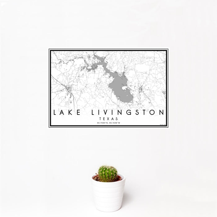 12x18 Lake Livingston Texas Map Print Landscape Orientation in Classic Style With Small Cactus Plant in White Planter