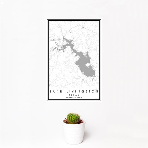 12x18 Lake Livingston Texas Map Print Portrait Orientation in Classic Style With Small Cactus Plant in White Planter