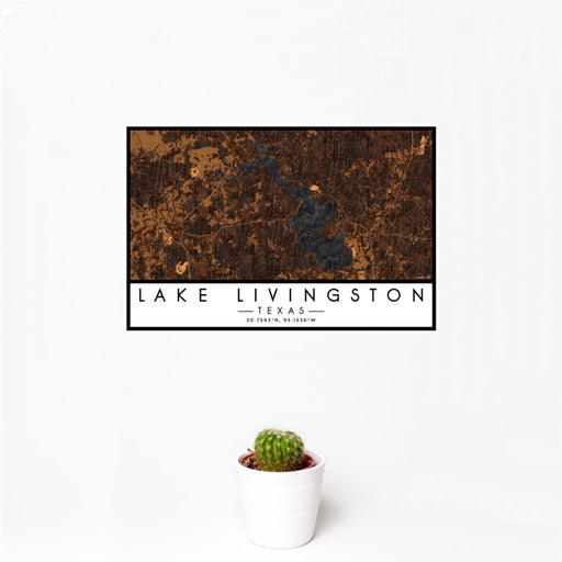 12x18 Lake Livingston Texas Map Print Landscape Orientation in Ember Style With Small Cactus Plant in White Planter