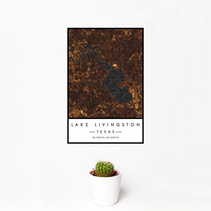 12x18 Lake Livingston Texas Map Print Portrait Orientation in Ember Style With Small Cactus Plant in White Planter