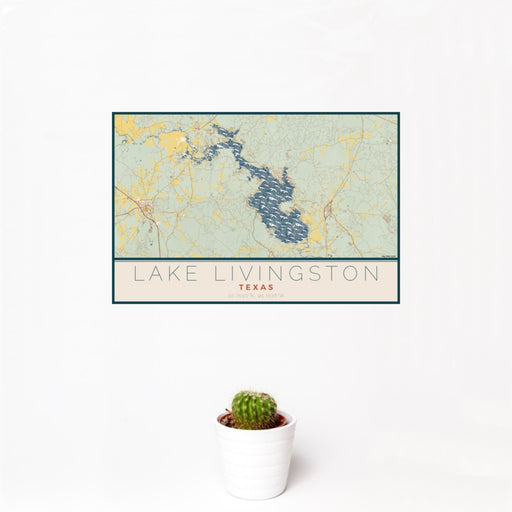 12x18 Lake Livingston Texas Map Print Landscape Orientation in Woodblock Style With Small Cactus Plant in White Planter