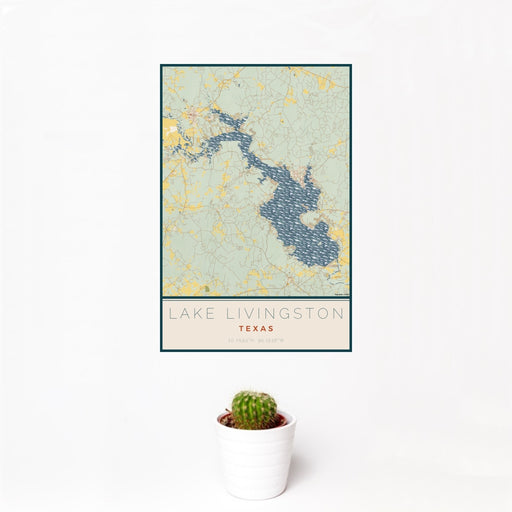 12x18 Lake Livingston Texas Map Print Portrait Orientation in Woodblock Style With Small Cactus Plant in White Planter