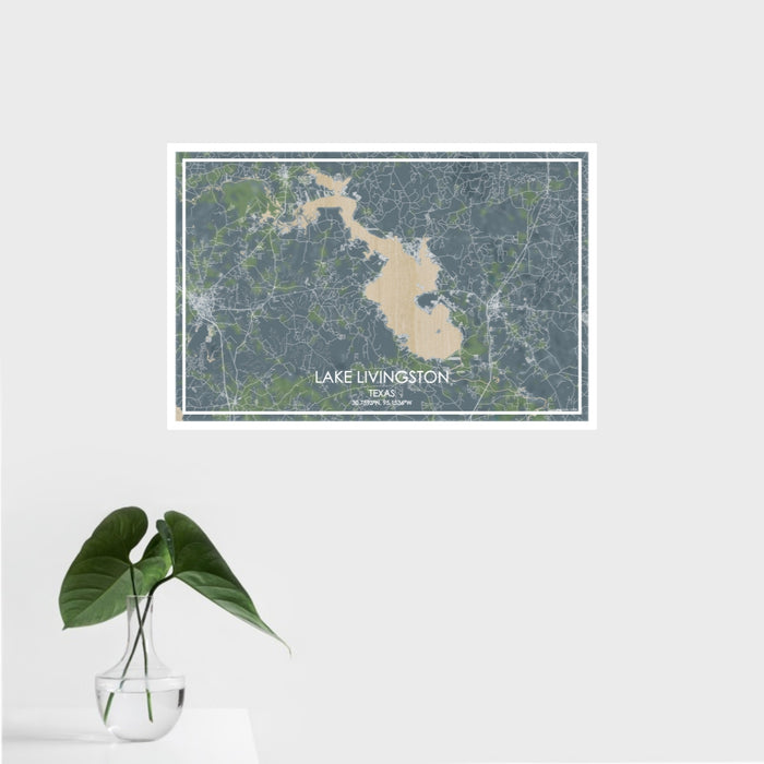 16x24 Lake Livingston Texas Map Print Landscape Orientation in Afternoon Style With Tropical Plant Leaves in Water