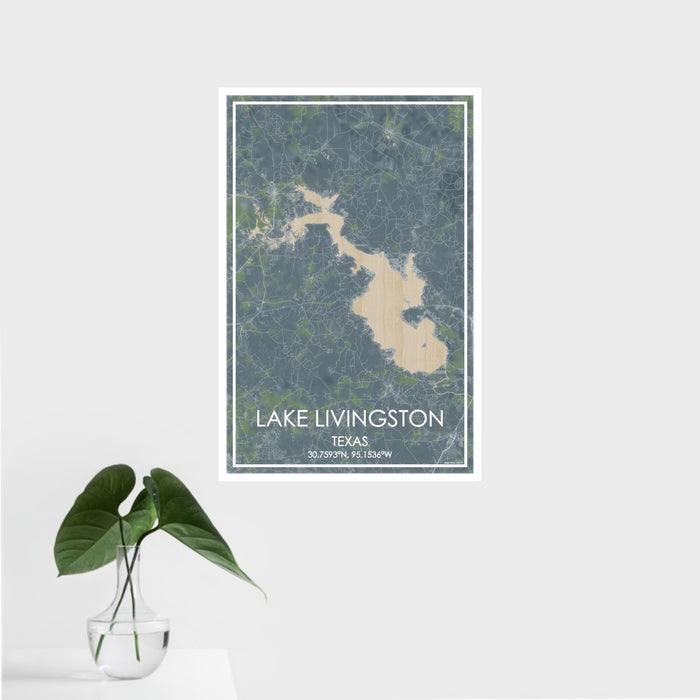 16x24 Lake Livingston Texas Map Print Portrait Orientation in Afternoon Style With Tropical Plant Leaves in Water