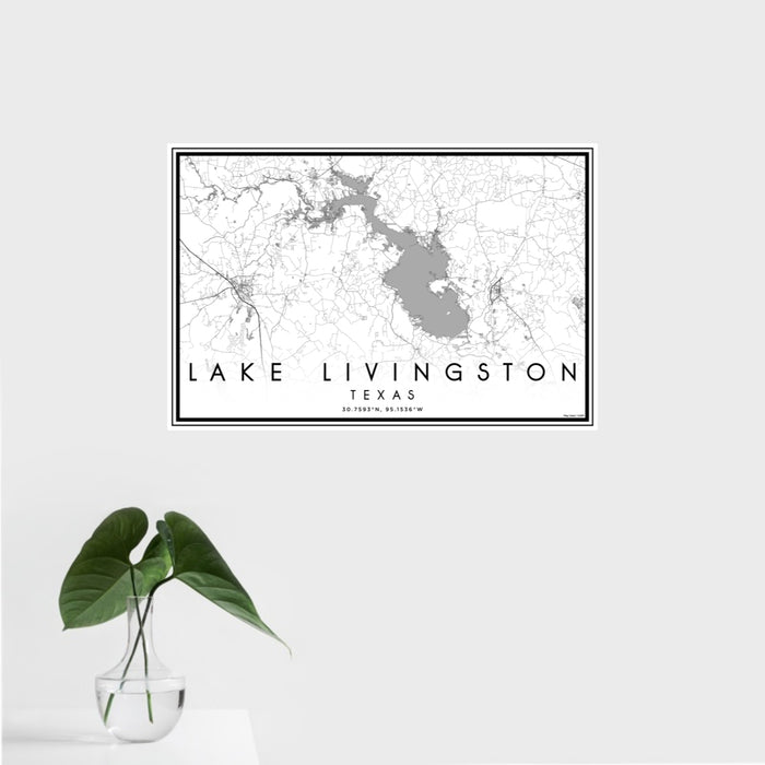 16x24 Lake Livingston Texas Map Print Landscape Orientation in Classic Style With Tropical Plant Leaves in Water
