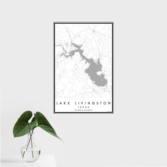16x24 Lake Livingston Texas Map Print Portrait Orientation in Classic Style With Tropical Plant Leaves in Water