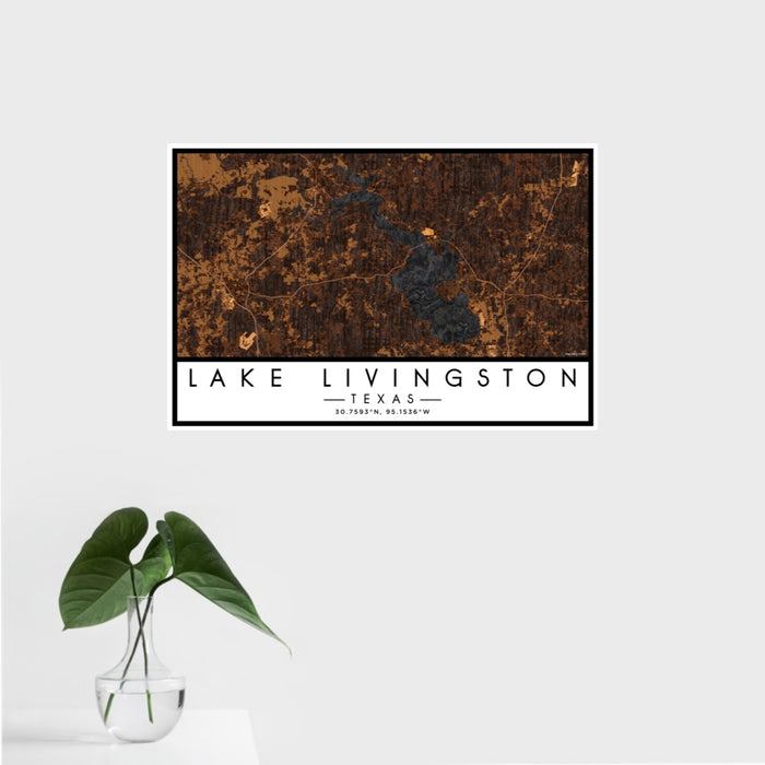 16x24 Lake Livingston Texas Map Print Landscape Orientation in Ember Style With Tropical Plant Leaves in Water