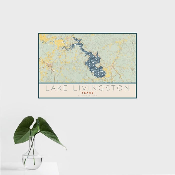 16x24 Lake Livingston Texas Map Print Landscape Orientation in Woodblock Style With Tropical Plant Leaves in Water