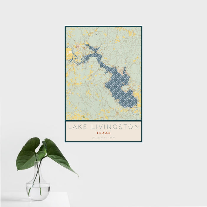 16x24 Lake Livingston Texas Map Print Portrait Orientation in Woodblock Style With Tropical Plant Leaves in Water