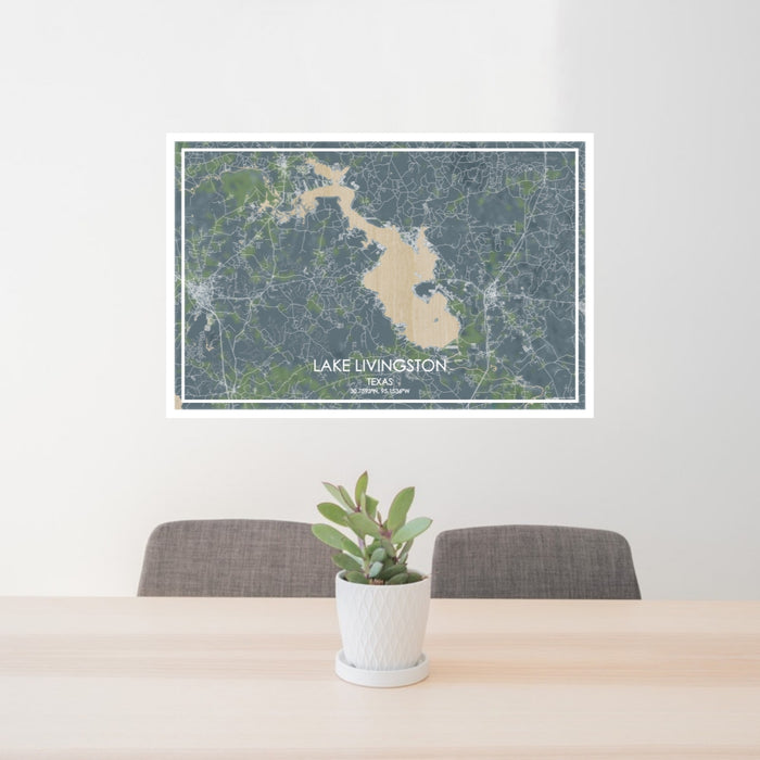 24x36 Lake Livingston Texas Map Print Lanscape Orientation in Afternoon Style Behind 2 Chairs Table and Potted Plant
