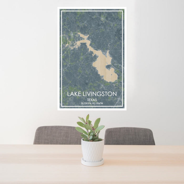 24x36 Lake Livingston Texas Map Print Portrait Orientation in Afternoon Style Behind 2 Chairs Table and Potted Plant