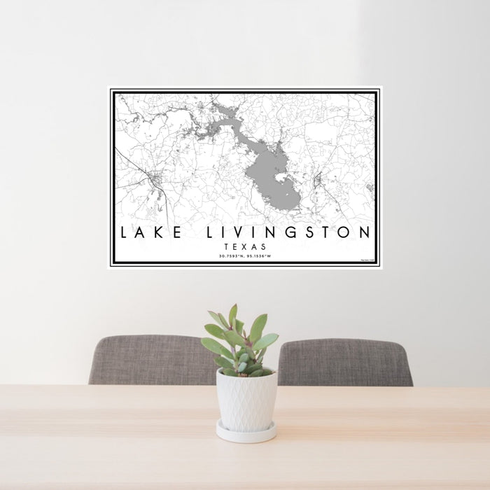 24x36 Lake Livingston Texas Map Print Lanscape Orientation in Classic Style Behind 2 Chairs Table and Potted Plant