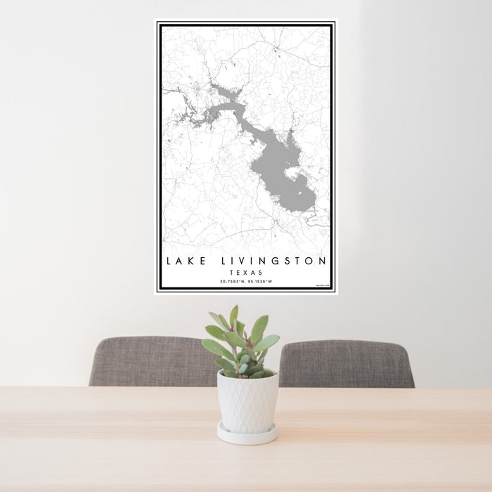 24x36 Lake Livingston Texas Map Print Portrait Orientation in Classic Style Behind 2 Chairs Table and Potted Plant