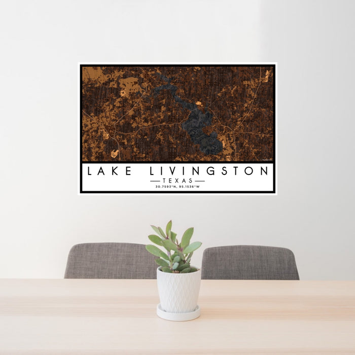 24x36 Lake Livingston Texas Map Print Lanscape Orientation in Ember Style Behind 2 Chairs Table and Potted Plant