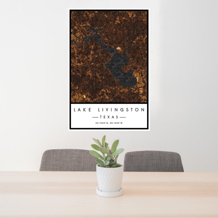 24x36 Lake Livingston Texas Map Print Portrait Orientation in Ember Style Behind 2 Chairs Table and Potted Plant