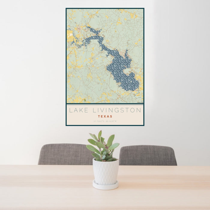24x36 Lake Livingston Texas Map Print Portrait Orientation in Woodblock Style Behind 2 Chairs Table and Potted Plant