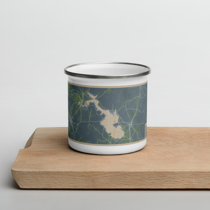 Front View Custom Lake Livingston Texas Map Enamel Mug in Afternoon on Cutting Board