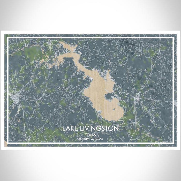 Lake Livingston Texas Map Print Landscape Orientation in Afternoon Style With Shaded Background