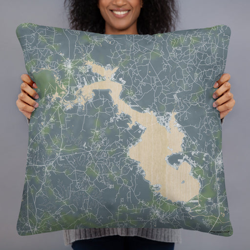 Person holding 22x22 Custom Lake Livingston Texas Map Throw Pillow in Afternoon