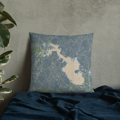 Custom Lake Livingston Texas Map Throw Pillow in Afternoon on Bedding Against Wall
