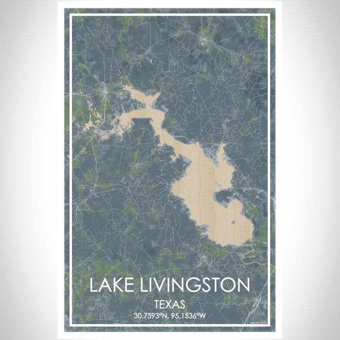 Lake Livingston Texas Map Print Portrait Orientation in Afternoon Style With Shaded Background